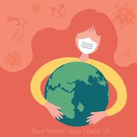 Stop Coronavirus poster with woman protecting the world vector