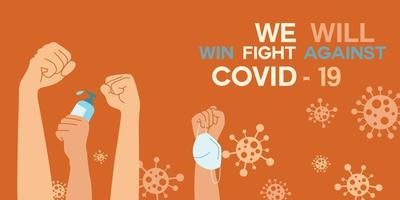 Raised fists with mask and sanitizer among Coronavirus cells vector