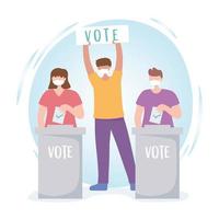 personas con máscaras, cartel de voto y papeletas. vector