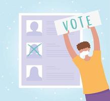 Hombre con máscara y voto de papel, lista de candidatos. vector