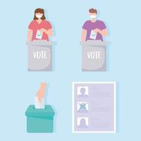 personas enmascaradas votando, lista de candidatos y caja con voto