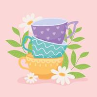 Diferentes tazas de té con diseño de flores y hojas. vector