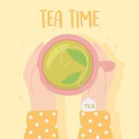 texto de la hora del té y manos sosteniendo la taza de té vector