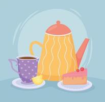 Tea, teacup teapot lemon and cake slice vector