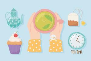 Hands with teacup and other tea time elements vector