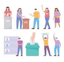 Masked people voting and election element set vector