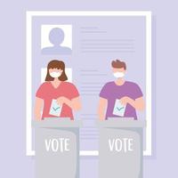 People with medical masks putting ballot in boxes vector