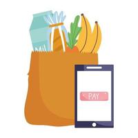 Smartphone and grocery paper bag with products vector