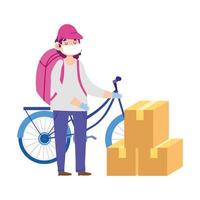 Masked courier with bike and cardboard boxes vector