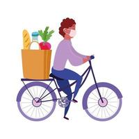 Courier man riding bicycle with mask and grocery bag vector