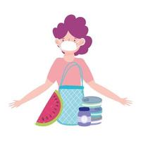 Woman with medical mask and food bag vector