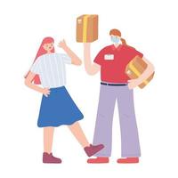 Masked delivery woman and customer with boxes vector