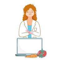 Dietitian with laptop, tomato and carrot vector