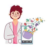 dietista con teléfono inteligente que ofrece verduras y frutas frescas vector