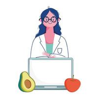 Dietitian with tomato, avocado and laptop vector