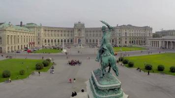 Hero's square in Vienna, headquarters of OSCE, president house. Beautiful aerial shot above Europe, culture and landscapes, camera pan dolly in the air. Drone flying above European land. Traveling sightseeing, tourist views of Austria.