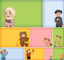 Set of different kids on different color background vector