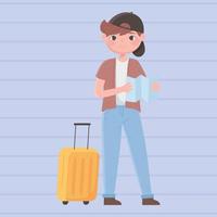 People traveling, boy traveler with map and suitcase vector