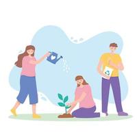 People with watering can, planting and recycle products vector