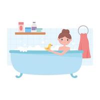 mujer relajante en la bañera con dibujos animados de pato vector