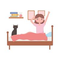 Woman waking up with cat on bed