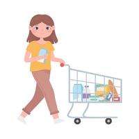 escena de rutina diaria, mujer con carrito de compras. vector