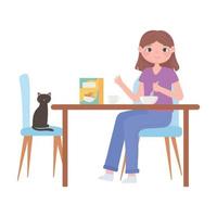 niña con gato en la mesa comiendo cereales para el desayuno vector