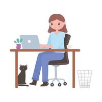 Daily routine scene, woman with laptop working at desk vector