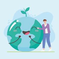 Save the planet, boy hugging Earth happy characters vector