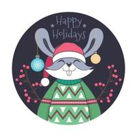 saludo navideño con lindo conejo en suéter feo vector