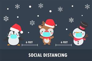Penguin, reindeer and snowman wear masks and social distance vector