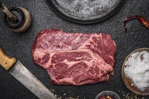 fresh beef steak with salt pepper carving knife pan pepper photo