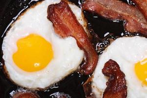fried eggs with bacon in a pan top view