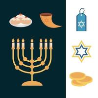 Hanukkah, conjunto de iconos planos de ceremonia tradicional judía vector