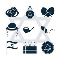 Hanukkah, Jewish traditional ceremony silhouette icon set vector