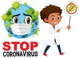 Stop coronavirus text with earth wearing face mask vector