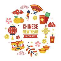 Chinese New year symbols set isolated on white background. Cartoon New year  decorations. Vector illustration. Stock Vector