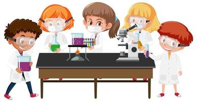 Set of kids in scientist coats in lab vector