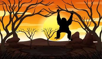 Ape on tree branch at sunset vector