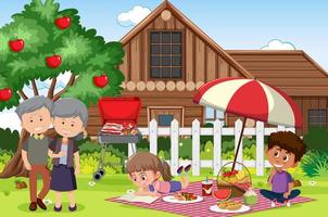 Picnic scene with happy family in yard vector