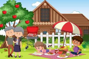 Picnic scene with happy family in yard vector