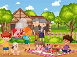 escena de picnic con familia feliz vector