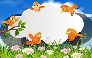 Happy birds in nature background cloud frame vector