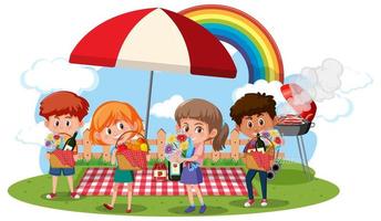 Children in picnic scene on white background vector