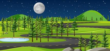 Long road in nature landscape at night scene vector