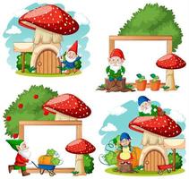 Set of garden gnome cartoon characters and frames