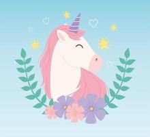 personaje de dibujos animados de unicornio mágico con hojas y flores vector