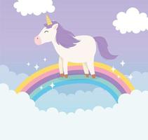 personaje de dibujos animados de unicornio mágico con arco iris vector