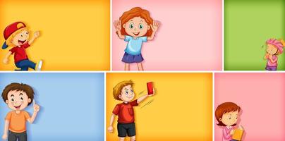 Set of different kid characters on different color background vector