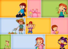 Conjunto de diferentes personajes infantiles sobre fondo de color diferente vector